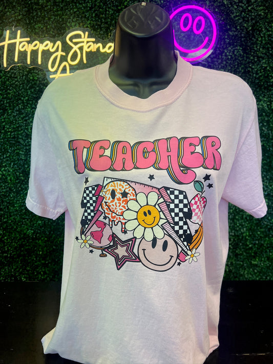 Teacher Groovy Smiley CW Tee